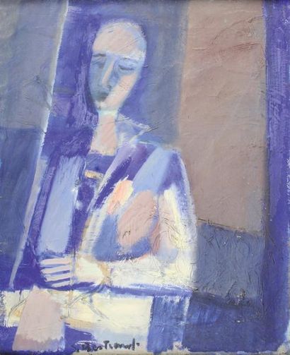 Solange BERTRAND (1913 - 2011) 
Jeune femme en bleu, 1951.
Huile sur toile signée...