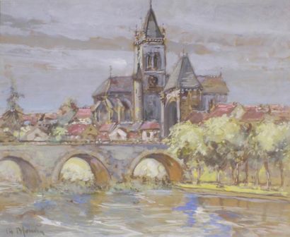 Charles BLONDIN (1913 -?) 
Eglise vue du pont.
Aquarelle et réhauts de gouache signée...
