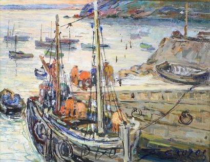 Jean CROZES (XXe siècle) 
Retour de pêche.
Huile sur toile signée en bas à droite.
27...
