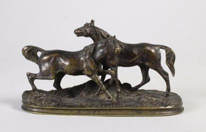 Pierre-Jules MENE (1810 - 1879) 
L'accolade.
Epreuve en bronze à patine brun foncé...