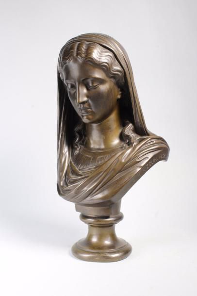 Eugène Antoine AIZELIN (1821 - 1902) 
Buste de jeune fille.
Epreuve en bronze à patine...
