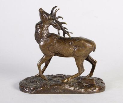 Antoine Louis BARYE (1796 - 1875) 
Cerf tête levée.
Epreuve en bronze à patine brun...