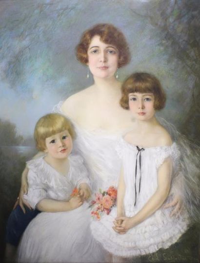 Charles LÉVY SASPORTAS (1877 - 1968) 
Portrait de Madeleine Samary et de ses enfants...