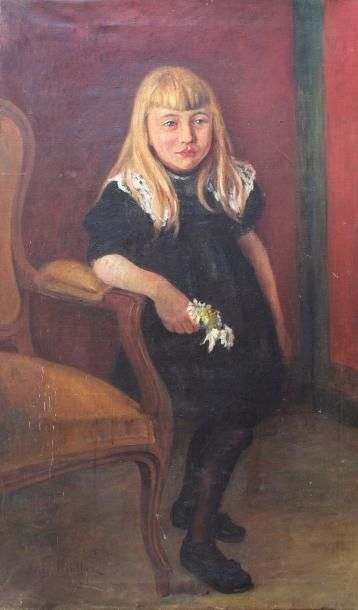 Fritz MULLER (Ecole vers 1900) 
Portrait de petite fille au bouquet de marguerites.
Huile...