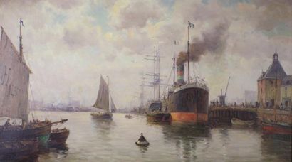 Gustave MASCART (1834 - 1914) 
Le port.
Toile signée en bas à gauche.
46 x 81 cm...