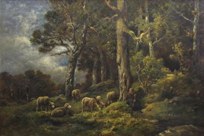Charles JACQUES (1879 - 1959) 
Bergère et son troupeau.
Huile sur toile signée en...