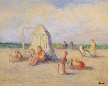 Maximilen LUCE (1858 - 1941) 
Scène de plage.
Huile sur papier fort marouflé sur...