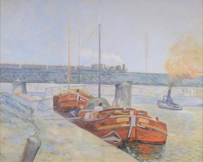 Louis VAN RYSSEL (1873 - 1962) (attribué à.) 
Pont du chemin de fer à Pontoise.
Huile...
