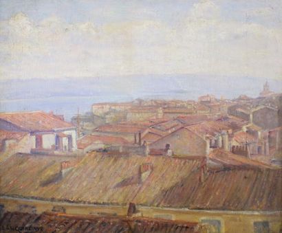 Léon DE LA QUINTINYE (1875 -?) 
Méditerranée vue des toits.
Huile sur toile signée...