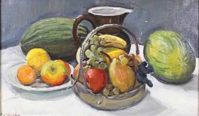 Paul DELTOMBE (1878 - 1971) 
Panier de fruits et pichet.
Huile sur toile signée en...