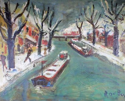 Roland DUBUC (1924 - 1998) 
Normandie, péniches sur la Seine en hiver.
Huile sur...