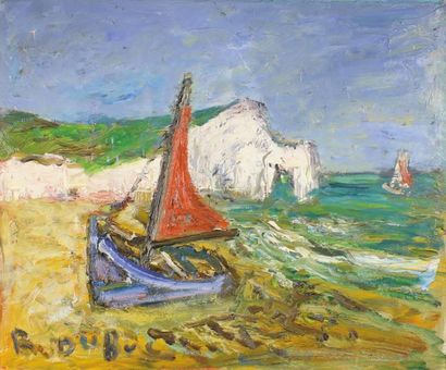 Roland DUBUC (1924 - 1998) 
La plage à Etretat.
Huile sur toile signée en bas à droite.
50...