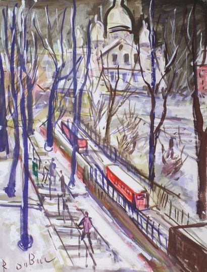 Roland DUBUC (1924 - 1998) 
Petit téléphérique de Montmartre sous la neige.
Gouache...