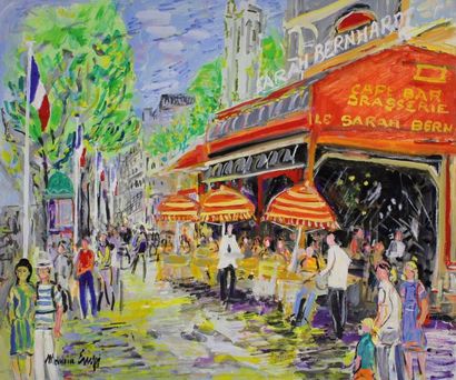 Maurice EMPI (Né en 1933) 
Brasserie Sarah Bernhardt, Paris.
Huile sur toile signée...