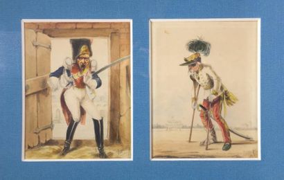 Jules Renard DRANER (1833 - 1926) 
Sept caricatures militaires.
Aquarelle et pastel.
26...