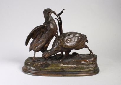 Jules moigniez (1835 - 1894) 
Couple de perdrix.
Bronze à patine brun foncé nuancé.
Fonte...