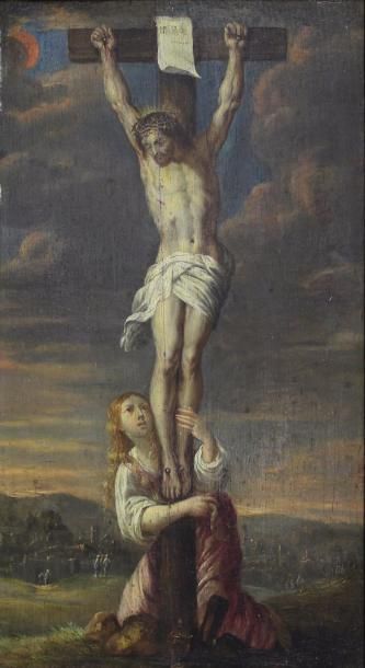 ECOLE DU XVIIe SIÈCLE 
Christ et Marie-Madeleine.
Huile sur panneau. Parquetage.
31...