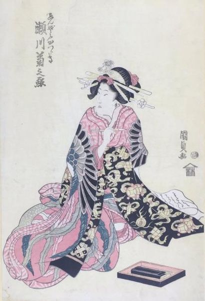 Japon XIXe siècle, attribué à Kunisada 
Femme assise tenant un pinceau.
Estampe....