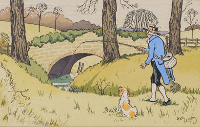 HARRY ELIOTT (1882 - 1959) 
Pêcheur et son chien.
Lithographie en couleur signée...