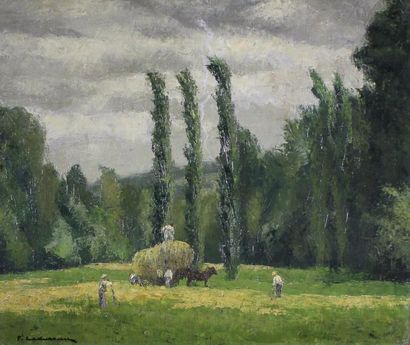 Pierre LADUREAU (1882 - 1975) 
Les foins.
Huile sur toile signée en bas à gauche....