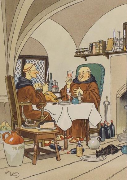 HARRY ELIOTT (1882 - 1959) 
La cuvée, le repas et les crêpes.
Trois gravures rehaussées...