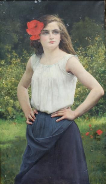 Eugène BULAND (1852-1927) 
Jeune fille au tablier bleu et au coquelicot, 1903.
Importante...