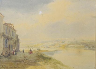 Justin Pierre OUVRIÉ (1806 - 1879) 
Bord de rivière.
Aquarelle signée avec envoi...