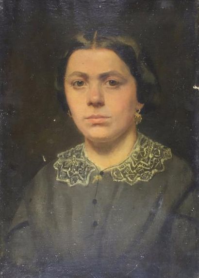 ECOLE XIXe SIÈCLE 
Portrait de femme au col de dentelle.
Huile sur toile.
56,5 x...