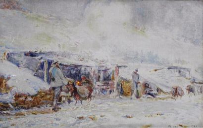 ECOLE DÉBUT XXe SIÈCLE 
Tranchées sous la neige à Flirey, 1917.
Huile sur toile située...