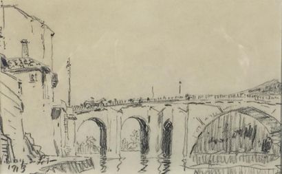 Frank William BOGGS (1900 - 1951) 
Vue du pont, 1913.
Dessin au crayon noir signé,...