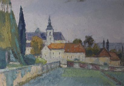 Zbigniew WIECKOWSKI (1939) 
Vue du prieuré.
Huile sur toile monogrammée en bas à...