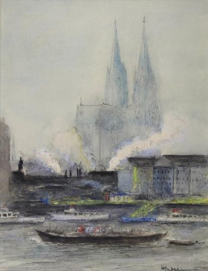 École du XXe siècle La cathédrale de Strasbourg.
Aquarelle et gouache signé en bas...