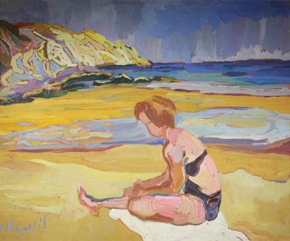 anne FRANCAIS (1909 - 1995) La plage.
Huile sur toile signée bas à gauche, inscrit...