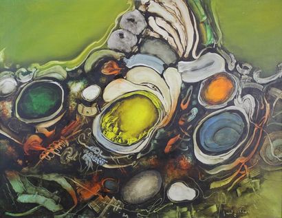 Paul Jean REVEL (1922 - 1983) Composition sur fond vert.
Peinture sur toile signée...