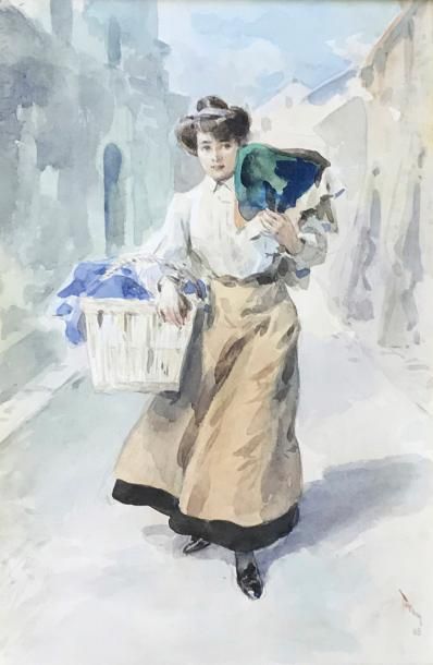 Osvaldo TOFANI 1849 - 1915) Femme au panier de linge, 1908.
Aquarelle signée et daté...