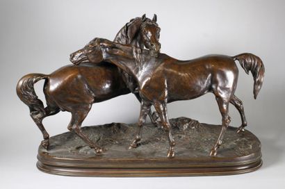 Pierre-Jules MENE (1810 - 1879) L'accolade.
Epreuve en bronze à patine brun nuancé...
