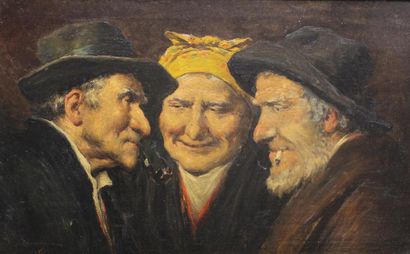 Romana ARREGUI (1875 - 1932) Conversation à trois.
Huile sur toile signée en bas...