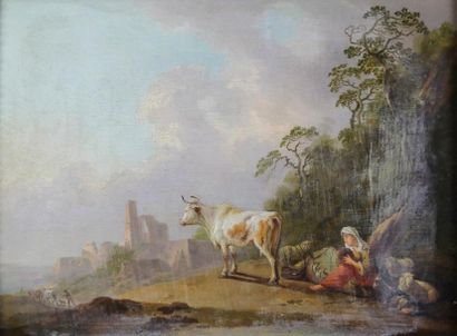 Basilius GRUNDMANN (1726 - 1898) La gardienne de vache, 1789.
Huile sur panneau signé...