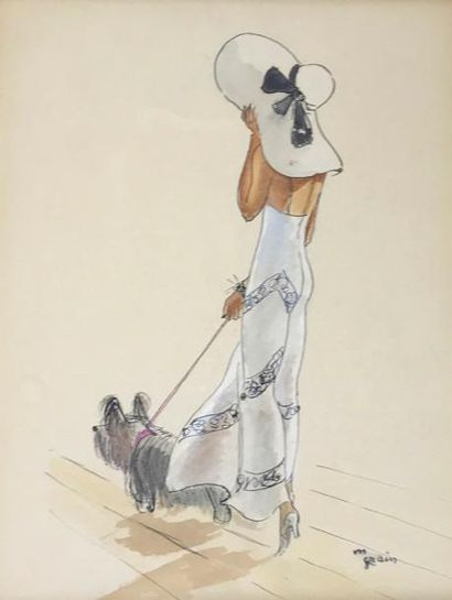 Marguerite GRAIN (1899 - 1986) Elégante au chapeau et au chien.
Encre et aquarelle...