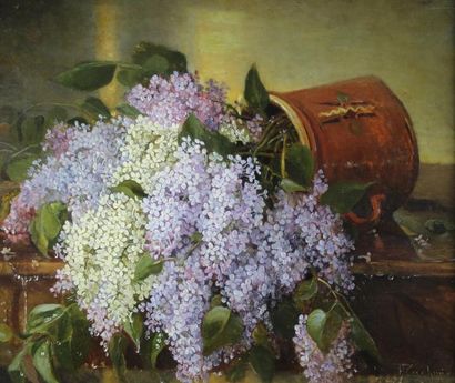 François Charles CACHOUD (1866 - 1943) Nature morte au bouquet de lilas, 1891.
Huile...