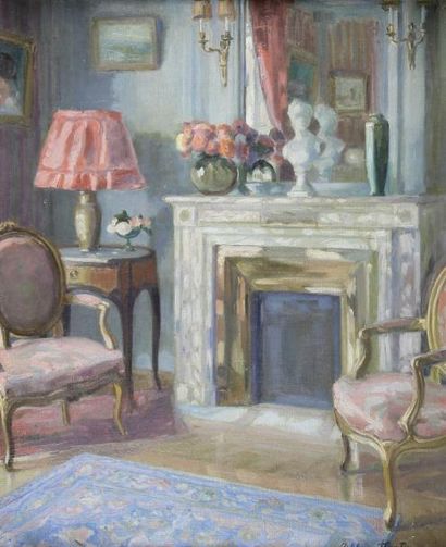 Madeleine PLANTEY (1890 - 1985) Le salon rose.
Huile sur toile signée en bas à droite.
46...