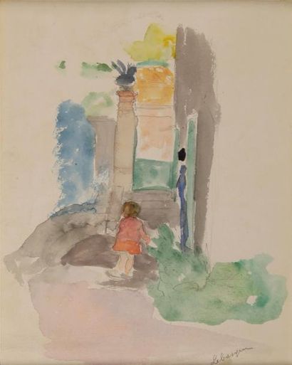 Henri LEBASQUE (1865 - 1937) Jeune fille au jardin.
Crayon et aquarelle sur papier...