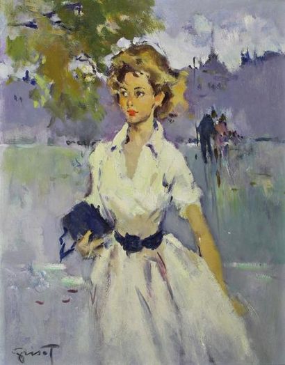 Pierre Grisot (1911 - 1995) Jeune femme au sac à main.
Huile sur isorel signée en...