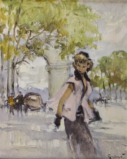 Pierre Grisot (1911 - 1995) Parisienne devant l'Arc de Triomphe.
Huile sur isorel...