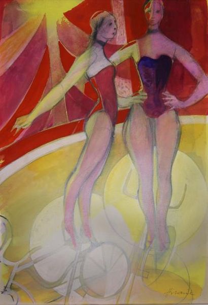 CAMILLE HILAIRE (1916 - 2004) Les acrobates cyclistes.
Aquarelle et crayons sur papier...