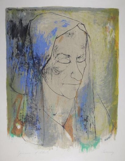 Jean JANSEM (1920 - 2013) Femme aux yeux clos.
Lithographie en couleur justifiée...