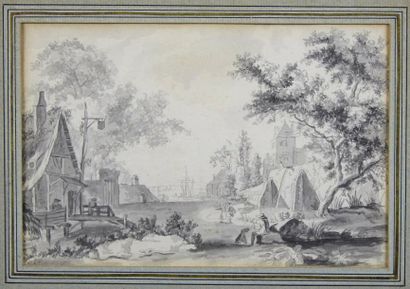 Ecole hollandaise (?) du XIXe siècle Village et vue de port.
Deux encres et lavis...