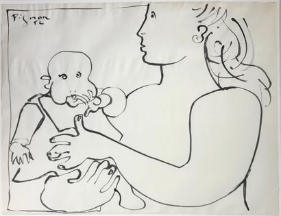 Édouard PIGNON (1905 Maternité, 1952.
Dessin à l'encre signé et daté en haut à gauche.
Vue:...