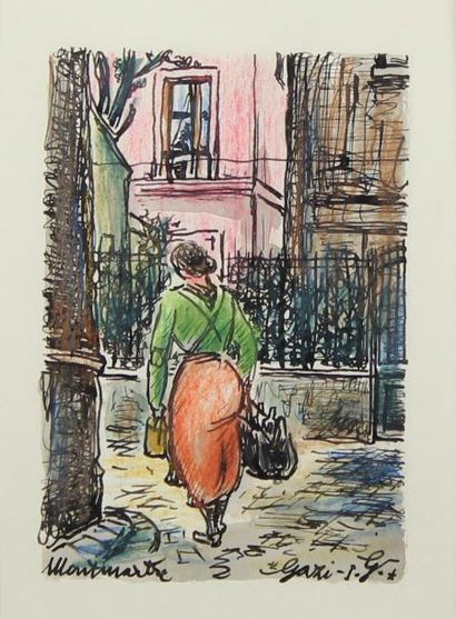 I.G. GAZI (1900 - 1975) Passage Lepic à Montmartre.
Encre, aquarelle et crayons sur...