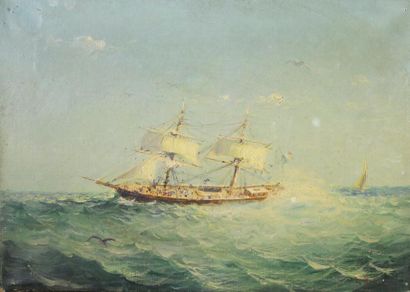 École Française du XIXe siècle Deux-mâts en haute mer.
Huile sur toile portant une...
